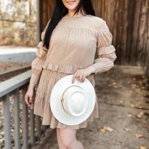 Storia Tan Tiered Ruffle Cottagecore Prairie Short Dress Sz S